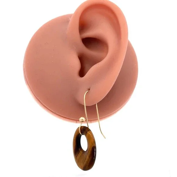Estate 14k Yellow Gold Oval Carved Tiger's Eye Doorknocker Dangle Hook Earrings